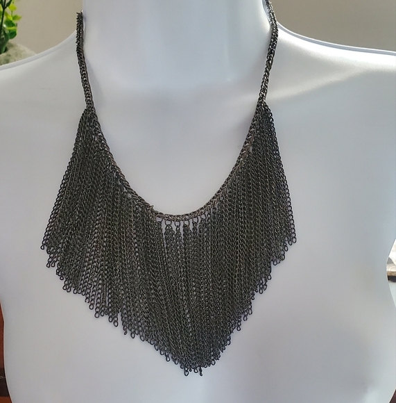 Vintage Black Fringe Drop Chain Steampunk Statement Art Deco Necklace - Picture 3 of 4